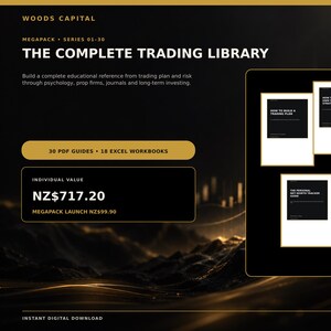 May include: A digital product bundle titled The Complete Trading Library by Woods Capital, featuring 30 PDF guides and 18 Excel workbooks. The display includes five document covers with black and white text on a dark background with gold accents.