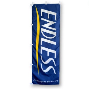 May include: A blue and yellow banner with the word "ENDLESS" in white lettering and the phrase "Challenge to the Future" at the bottom.
