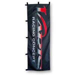 May include: A black and red banner with the text "ZAP" in a stylised font and "RACING CONCEPT" below it. The banner has a carbon fibre pattern and is designed to be hung with grommets.