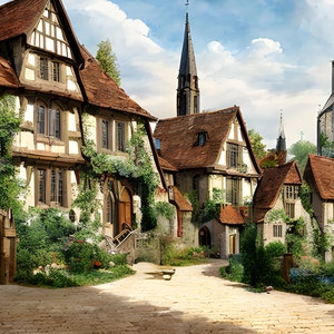 Puede incluir: Un pintoresco pueblo de estilo europeo con calles empedradas y encantadoras casas cubiertas de hiedra. Las casas tienen techos de tejas rojas y paredes blancas con vigas de madera a la vista. Hay un alto campanario de iglesia en el fondo.