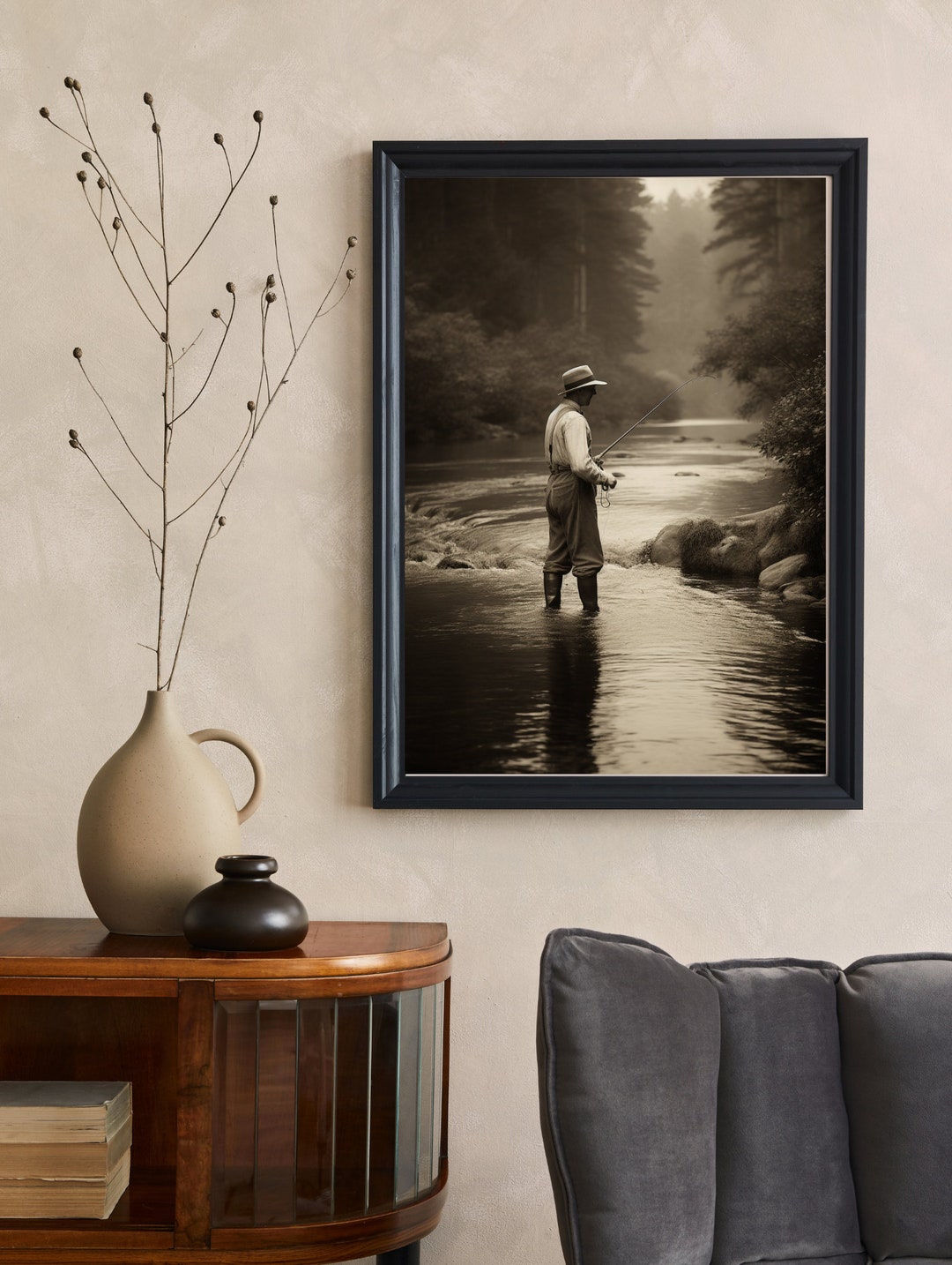 Vintage Photography Wall Art Fly Fishing Digital Download 1920's Photography Waterside Tranquil