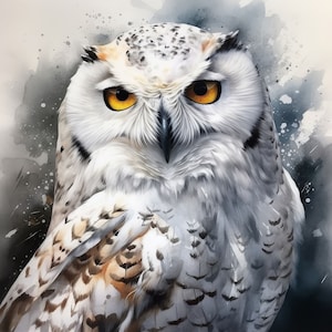 Owl Watercolor Digital Download Portrait of a Snowy White Owl,  , Livingroom Wall Art,  printable
