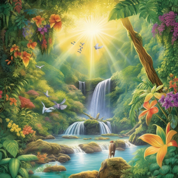 Enchanted Rainforest Digital Download, Whimsical  Fantasy Waterfall Image, Bright Rich Color Wall Art