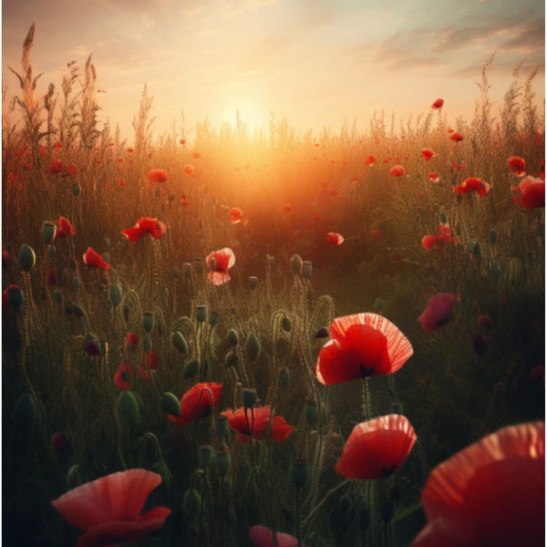 Poppy field at Dusk Digital Download, Sunset Scenic Poppy Fields  Nature's Vibrant Scenery
