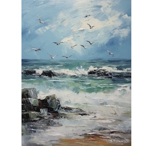 Vintage Oil Painting Digital Download, Ocean Waves, Coastal Landscape  Home Decor