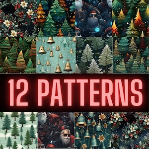 Seamless Christmas Digital Download, 12 Overall Christmas Holiday Patterns, 12 Colorful  Patterns