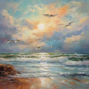 Vintage Ocean Landscape Digital Download Oil Painting, Peaceful Coastal Landscape Art, Serene Atmosphere , Home Decor