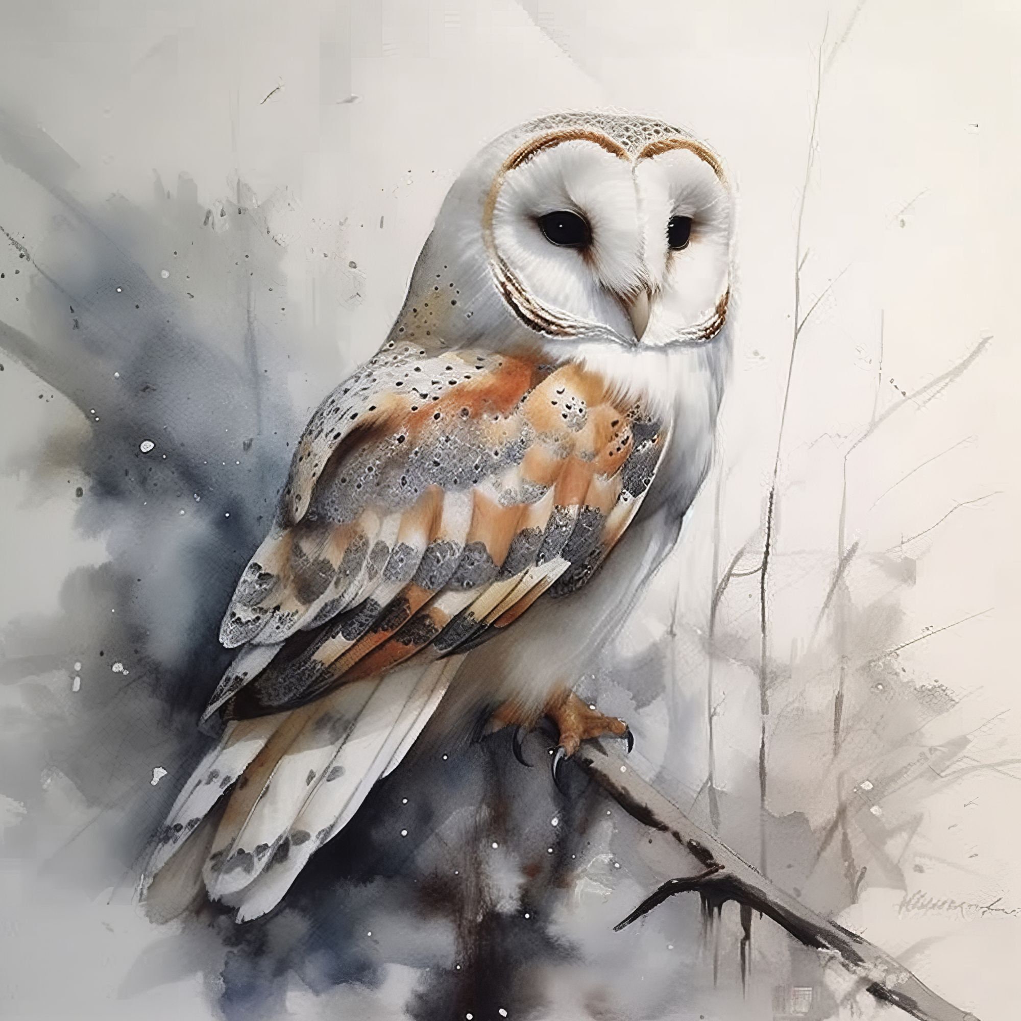 Owl Watercolor Digital Download Portrait of a Barn Owl,  , Livingroom Wall Art,  printable