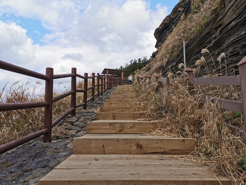 Op de afbeelding: Houten treden die een rotsachtige heuvel oplopen met een bruin houten hek aan de linkerkant en een bruin houten hek aan de rechterkant. De treden zijn omgeven door hoog, droog gras.