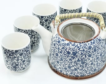Ensemble de théière à base de plantes - Motif bleu, ensemble cadeau de théière avec tasses assorties, théière en poterie et ensemble de tasses, ensemble de théière en céramique vintage, cadeau de pendaison de crémaillère
