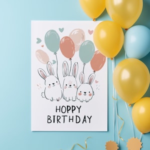 Niedliche "Hoppy Birthday" Hasen-Geburtstagskarte – Perfekt für Kindergeburtstage, Einladungen und Dankeskarten
