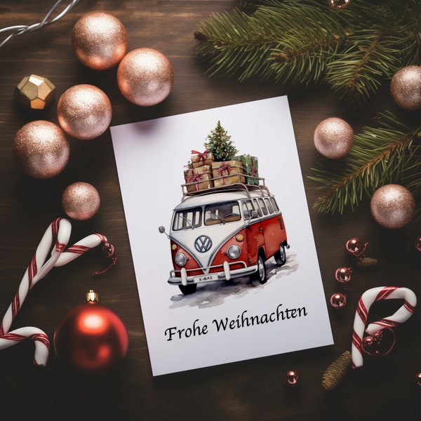 Einzigartige VW Bulli Weihnachtskarte - Frohe Weihnachten & festliche Grüße mit dem Weihnachts-Bus