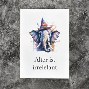 Witzige Elefanten-Grußkarte zum Geburtstag mit farbenfrohem Partyhut und Konfetti.