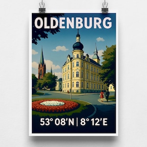 Oldenburg Poster Retro Style – Wall Picture with Coordinates – Vintage City Poster A4 A3 A2 A1 – Gift Idea Oldenburg (Oldb)