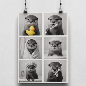 Otter Badezimmer Poster – Lustige Wanddeko mit 6 Motiven – Tierisches Sammelposter für Gäste-WC & Bad