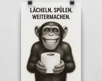 Poster “Smile, flush, carry on” – Funny guest toilet decoration – Funny bathroom picture with monkey – Gift idea toilet