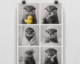 Funny Otter Bathroom Poster – Animal Wall Art with 6 Scenes – Humorous Decor for Guest Toilet, Bathroom or Gift Idea