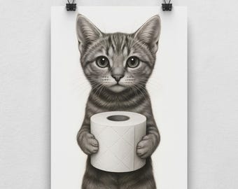 Funny cat poster for the guest bathroom – Funny bathroom decoration with cat & toilet paper – Gift for cat fans – Print and download
