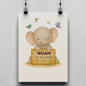 Poster nascita con elefante – foto neonato personalizzata – poster animali per nascita – nome, data, peso – decorazione cameretta – A3 A2 A1