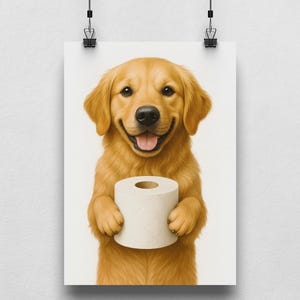 Póster de Golden Retriever para el baño – Póster divertido de perro con papel higiénico – Decoración humorística para el baño – Póster decorativo de animales – A4, A3, A2, A1