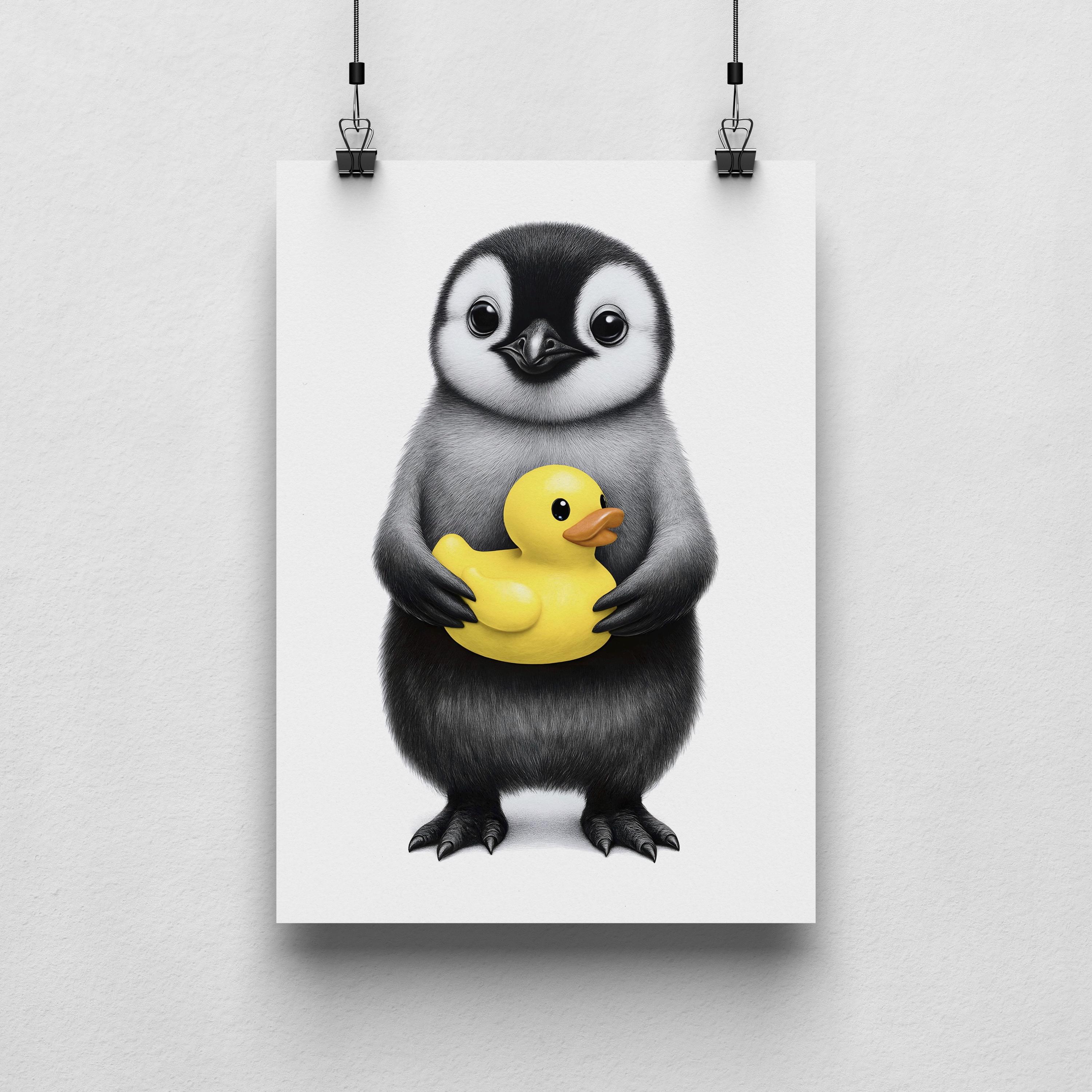 Póster de pingüino adorable, imagen divertida de animal con patito de goma, decoración para habitación infantil o baño, cuadro de pared sin marco.