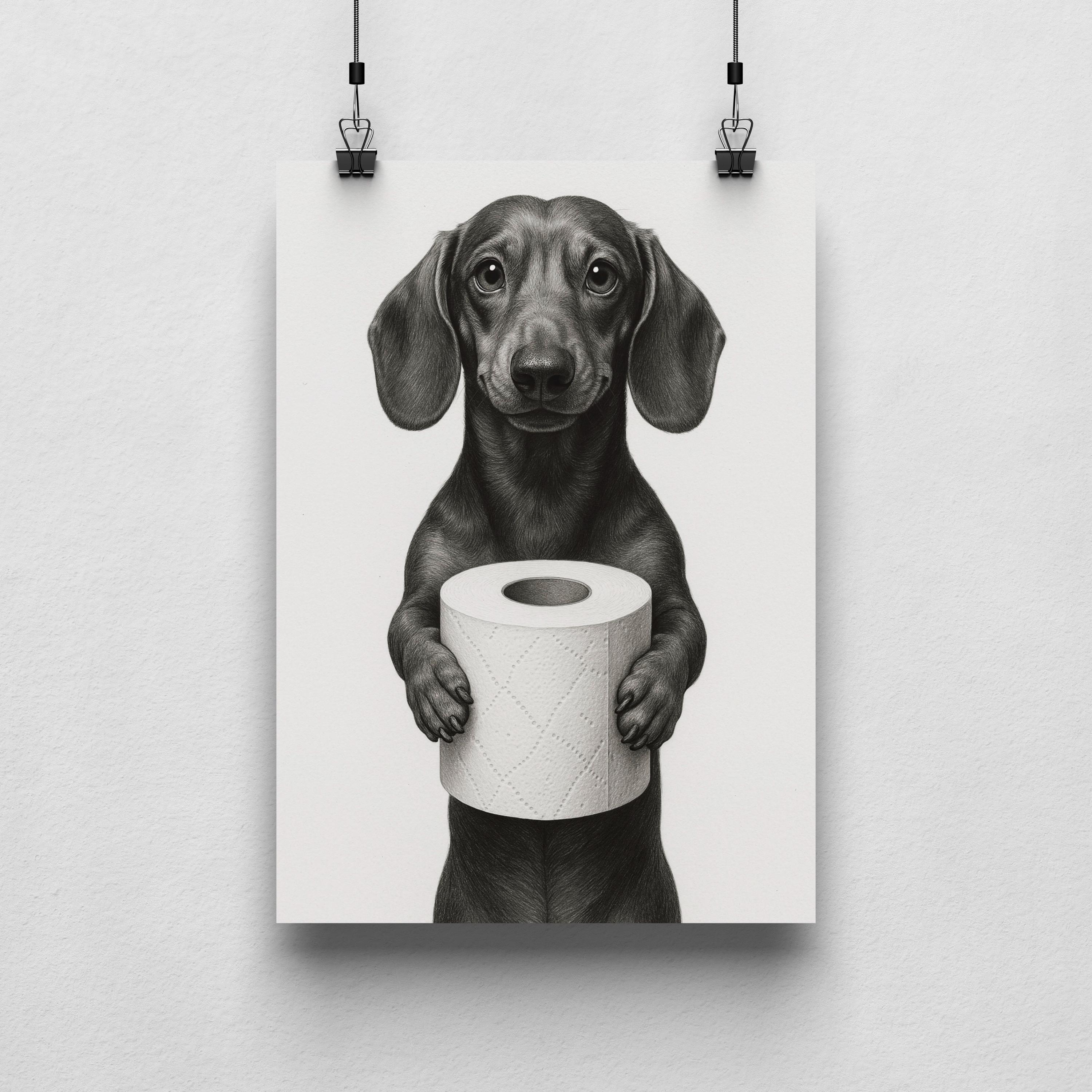 Funny Dachshund Poster – witty bathroom decor with a dog | Humorous toilet mural A4 A3 A2 A1 | Gift idea for dog owners