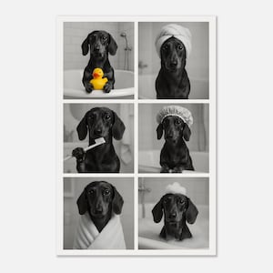 Dackel Poster fürs Badezimmer – Lustige Wanddeko mit 6 Motiven – Hochwertiger Kunstdruck mit Quietscheente – Geschenk fürs Gäste-WC