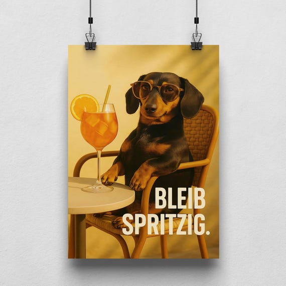 Dackel Poster mit Spritz – Lustiges Sommer Poster Hund mit Sonnenbrille | Humorvolle Wanddeko für Küche, Bar oder WG