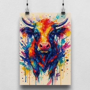 Poster di mucca colorata – arte murale ad acquerello su carta opaca – arte moderna con animali per il soggiorno e decorazioni boho – idea regalo per gli amanti delle mucche