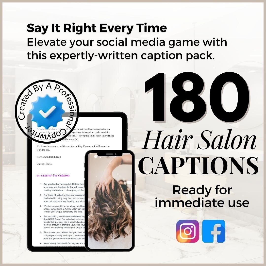 Hair Salon Captions Template Bundle for Social Media / Etsy