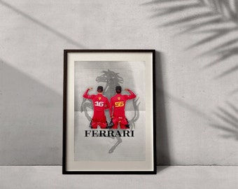 May include: Two race car drivers in red racing suits with the numbers 16 and 55 on their backs stand in front of a black and white image of a rearing horse. The text "FERRARI" is below the image.