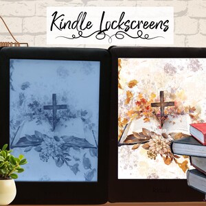 May include: Two Kindle e-readers displaying different versions of a digital image. The image features a cross on an open book with flowers and leaves. The image on the left is in a blue tone, while the image on the right is in a warm tone.