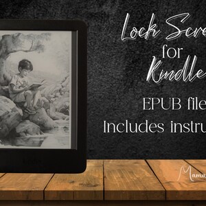 Pode incluir: Ilustração em preto e branco de um menino lendo um livro em uma pedra perto de um riacho. A imagem é exibida em um leitor eletrônico Kindle. Tela de bloqueio para Kindle Arquivo EPUB. Inclui instruções.