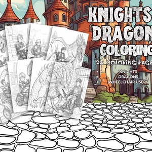 Puede incluir: Portada de libro para colorear en blanco y negro con caballeros, dragones y usuarios de sillas de ruedas. La portada tiene el título "Knights & Dragons Coloring" y el texto "20 Coloring Pages".
