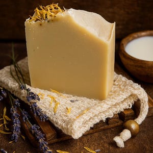 May include: A pale yellow rectangular soap bar with a textured surface, decorated with dried yellow petals. The soap sits on a cream-coloured, woven washcloth, with lavender sprigs and a wooden bowl of liquid in the background.