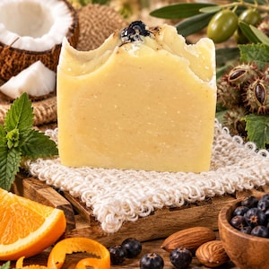 May include: A rectangular bar of pale yellow soap with a textured top featuring dark berries. The soap is placed on a white woven cloth, surrounded by coconut pieces, fresh mint leaves, orange slices, almonds, and scattered dark berries.