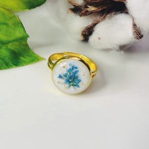 Pressed flower resin ring, resin ring, floral ring, gold resin ring, adjustable ring