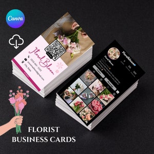 May include: A stack of business cards for a florist called "Floral Bloom". The front of the card features a pink and white floral arrangement with a QR code. The back of the card features a black background with a grid of photos of different floral arrangements. The text on the card includes the business name, phone number, email address, and social media handles.