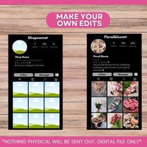 May include: Two Instagram profile templates with black backgrounds. The left template features a blue sky with white clouds and green hills. The right template features a variety of floral arrangements. Both templates include the text "MAKE YOUR OWN EDITS" at the top.