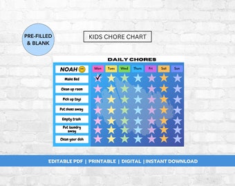 May include: A blue and white printable chore chart for kids with a colorful star design. The chart is titled "Kids Chore Chart" and includes a section for daily chores with the days of the week listed. The chart is pre-filled with the name "Noah" and a list of chores such as "Make Bed", "Clean up room", "Pick up toys", "Put shoes away", "Empty trash", "Put laundry away", and "Clean your dish".