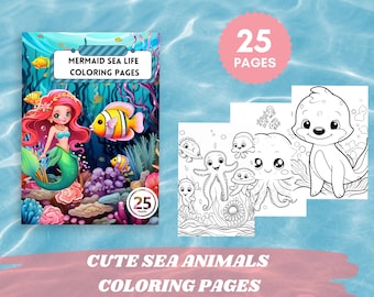 Pagine da colorare per bambine con sirene e la vita marina - Pagine da colorare per bambini, facili da colorare, fogli da colorare, stampabili all'istante, adatte ai bambini