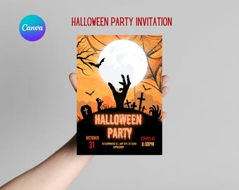 Modello stampabile di invito alla festa di Halloween / Design spettrale del cimitero / PDF modificabile / Download istantaneo / Invito alla festa di Halloween degli amici