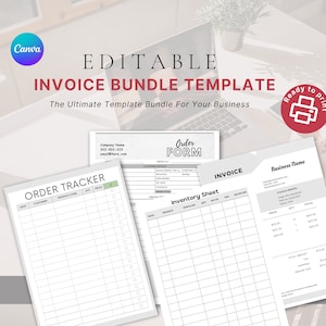 Puede incluir: Plantilla de paquete de factura editable para empresas. Incluye plantillas de formulario de pedido, seguimiento de pedidos, hoja de inventario y factura. Listo para imprimir.