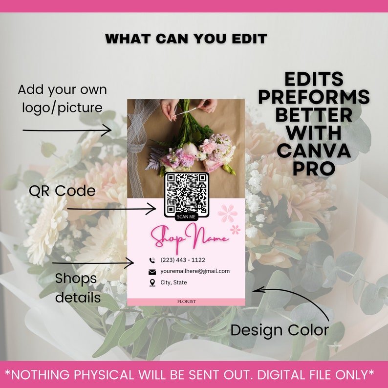 May include: A pink and white business card template for a florist. The card features a bouquet of flowers, a QR code, the text "Shop Name", a phone number, an email address, a city and state, and the word "Florist".