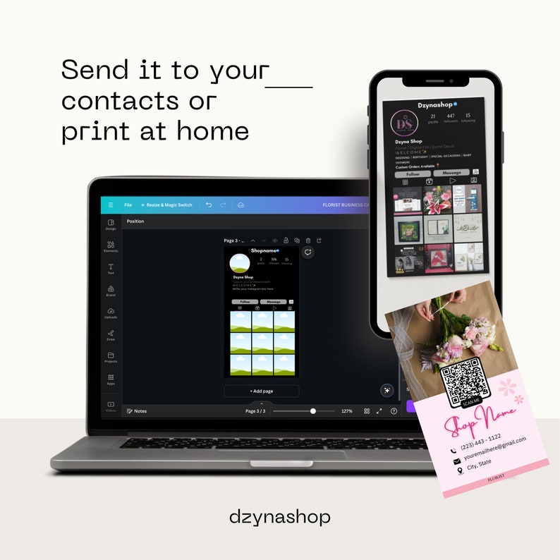 May include: A pink and white business card with a floral design and a QR code. The card includes the business name "Shop Name", phone number, email address, city and state, and the word "FLORIST" in a small font at the bottom.
