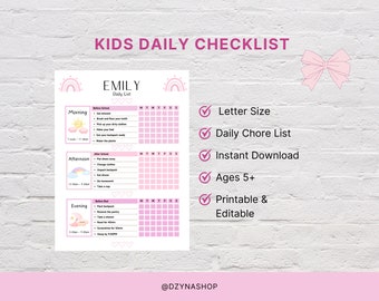 May include: Printable daily checklist for kids with a pink and rainbow theme. The checklist includes sections for morning, afternoon, and evening with tasks to complete. The checklist is titled "Kids Daily Checklist" and "Emily Daily List".