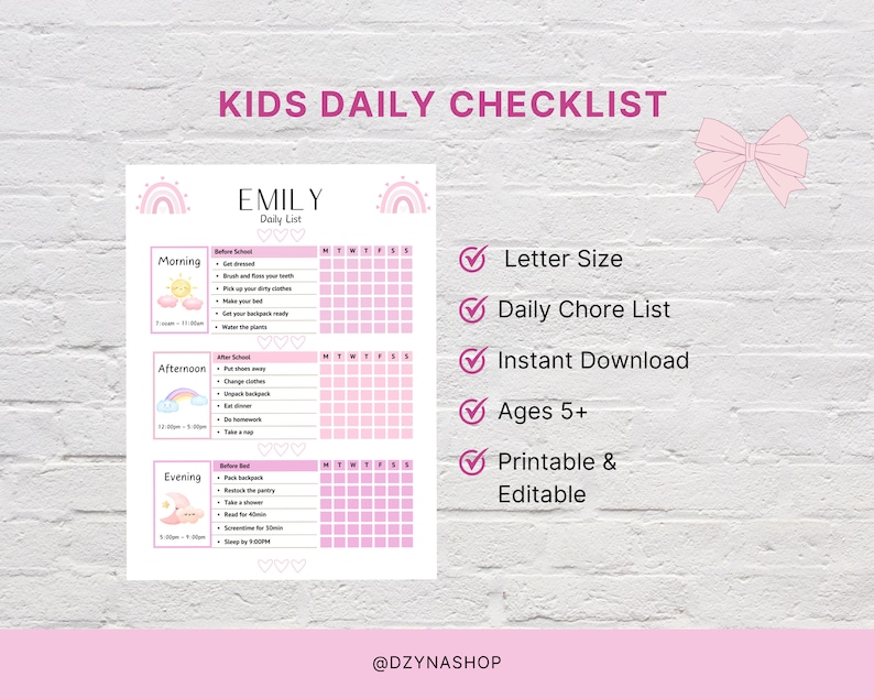 Daily Checklist | Printable | Kids Checklist | Pink Chore Chart | Daily ...