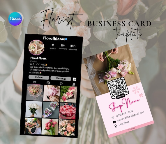 Florist Instagram Business Card Template, Editable Flower Business Card, Professional Social Media QR Code Card, Canva Edits