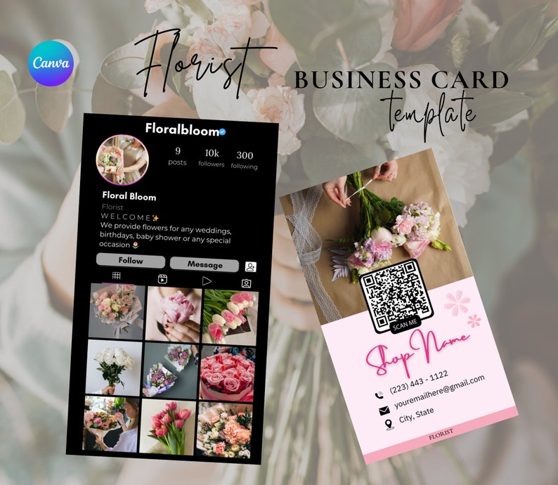 May include: A pink and white business card template for a florist. The card features a floral design, a QR code, and the text "Shop Name", a phone number, email address, and city and state. The card also includes the text "SCAN ME" and "FLORIST".