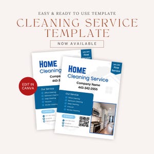 May include: A blue and white cleaning service flyer with a photo of a kitchen. The flyer includes the text "HOME Cleaning Service", "Company Name", "443-342-2555", "Our Service", "Office Cleaning", "Bathroom Cleaning", "Deep Cleaning", "Vacuum", "Kitchen Cleaning", "Contact", "443-342-2555", and "10% OFF First Service".